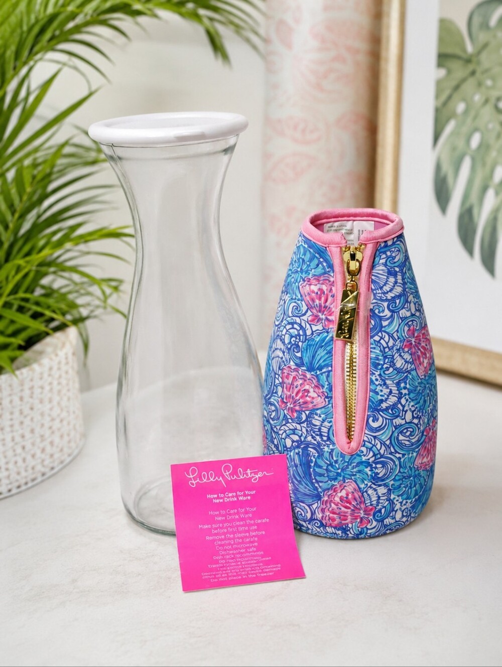 Lilly Pulitzer Blue Haven Glass Beverage Carafe w/ Insulated Zip Sleeve & Lid